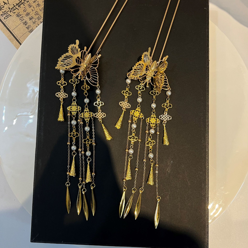Fém hajcsat Hanfu stílusban, pillangó és tassel – vintage