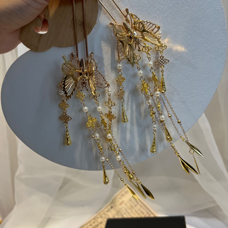 Fém hajcsat Hanfu stílusban, pillangó és tassel – vintage