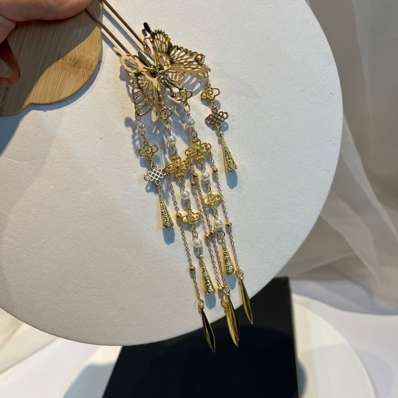 Fém hajcsat Hanfu stílusban, pillangó és tassel – vintage