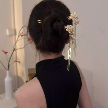 Fém virágos tassel hajcsat – ókori stílusú, geometriai mintázatú női kiegészítő, elektroplakált felülettel