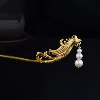 Hajtű a hajba Főnix fejével és gravírozott felhőmintákkal — réz, kínai stílus, elektroplatinálás, esküvői hajdísz