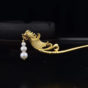 Hajtű a hajba Főnix fejével és gravírozott felhőmintákkal — réz, kínai stílus, elektroplatinálás, esküvői hajdísz