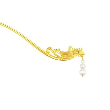 Hajtű a hajba Főnix fejével és gravírozott felhőmintákkal — réz, kínai stílus, elektroplatinálás, esküvői hajdísz