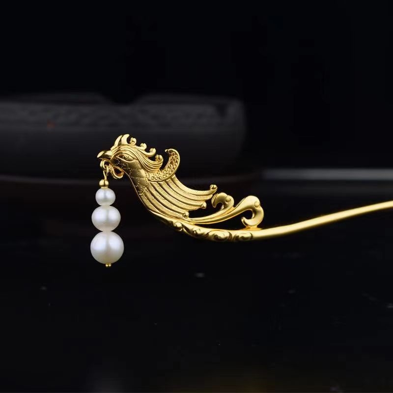 Hajtű a hajba Főnix fejével és gravírozott felhőmintákkal — réz, kínai stílus, elektroplatinálás, esküvői hajdísz