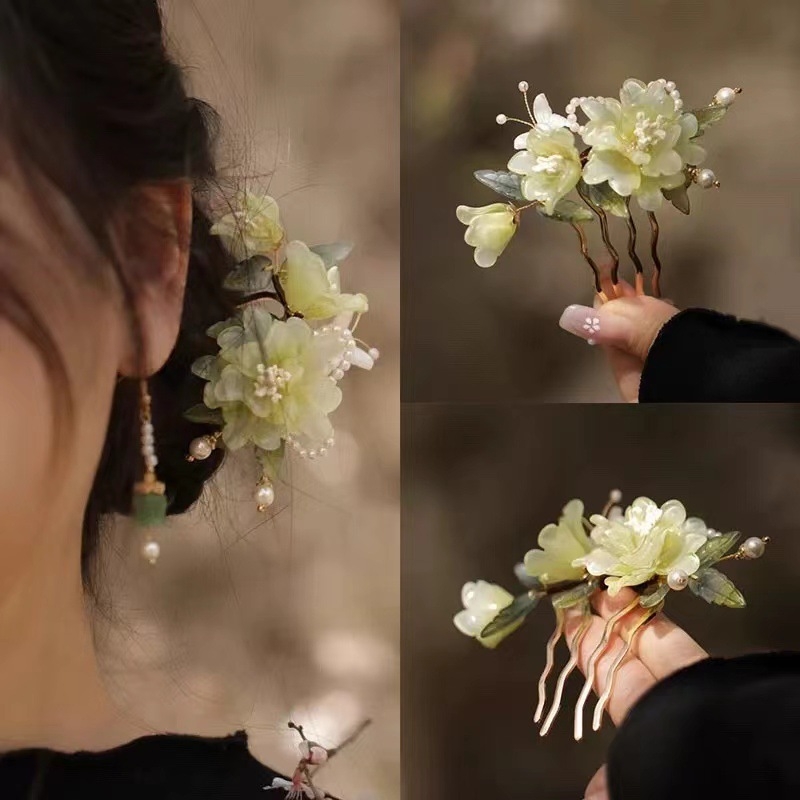 Akril hajcsat, virágos díszítés, kínai stílus, U-formájú, női hajkiegészítő