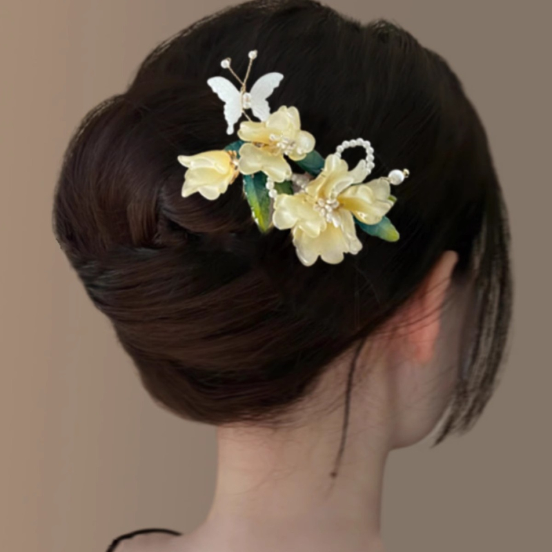 Akril hajcsat, virágos díszítés, kínai stílus, U-formájú, női hajkiegészítő