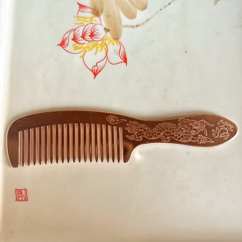 Plaukų šukos (rankų darbas; storesnis varis; drakonų ir fenikso motyvas; poliruotas paviršius)