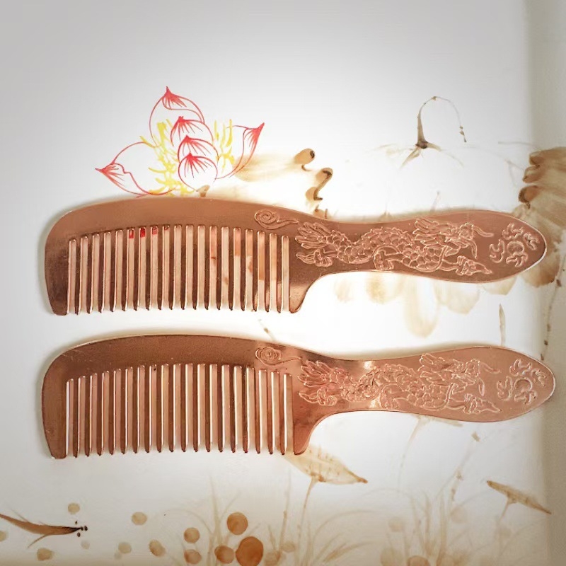 Plaukų šukos (rankų darbas; storesnis varis; drakonų ir fenikso motyvas; poliruotas paviršius)