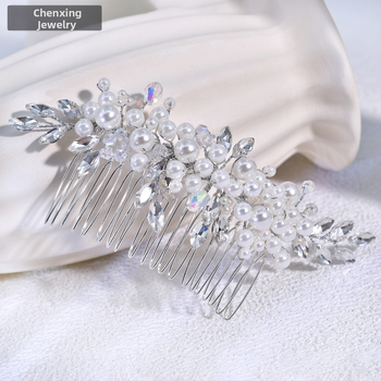 Chenxing plaukų segtukas su perlais ir baltaisiais krištolais, bangų forma, rankų darbo, vestuvėms CX13
