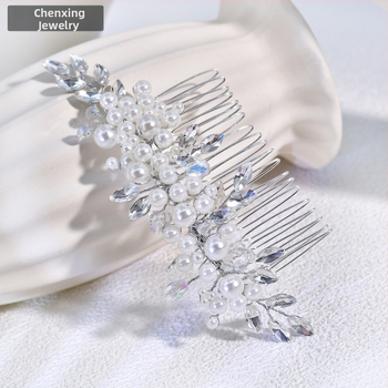Chenxing plaukų segtukas su perlais ir baltaisiais krištolais, bangų forma, rankų darbo, vestuvėms CX13