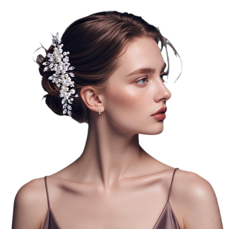 Chenxing plaukų segtukas su perlais ir baltaisiais krištolais, bangų forma, rankų darbo, vestuvėms CX13