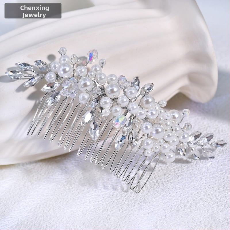 Chenxing plaukų segtukas su perlais ir baltaisiais krištolais, bangų forma, rankų darbo, vestuvėms CX13