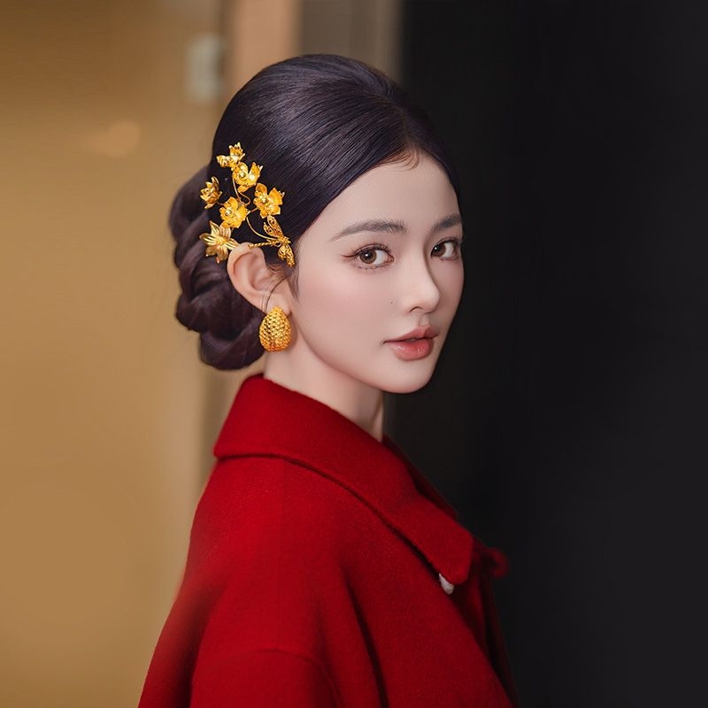 Xiuhe diademă de mireasă — set de cercei și pieptene pentru păr, clips lateral, accesorii pentru nuntă, iarna 2025, stil medieval, retro literar