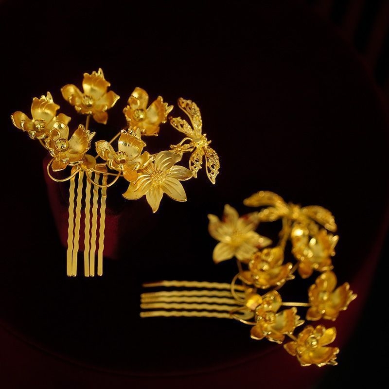 Xiuhe diademă de mireasă — set de cercei și pieptene pentru păr, clips lateral, accesorii pentru nuntă, iarna 2025, stil medieval, retro literar