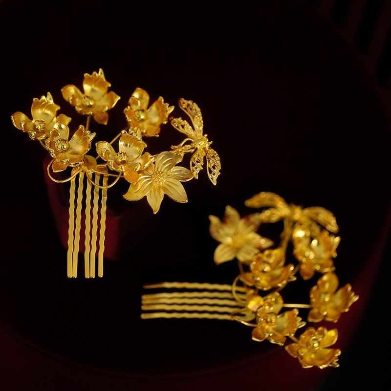 Xiuhe diademă de mireasă — set de cercei și pieptene pentru păr, clips lateral, accesorii pentru nuntă, iarna 2025, stil medieval, retro literar