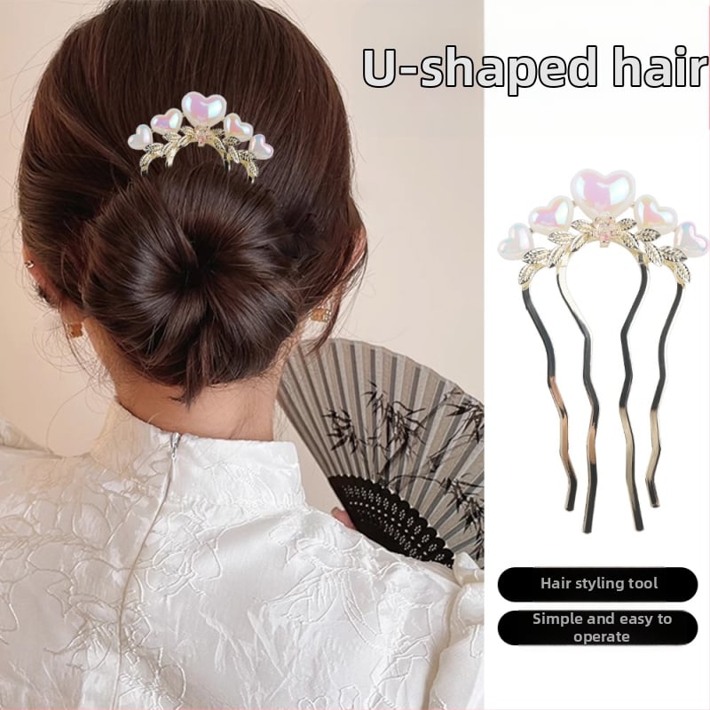 Agrafă de păr cu perle și formă în U, din aliaj, electroplată, cristal alb