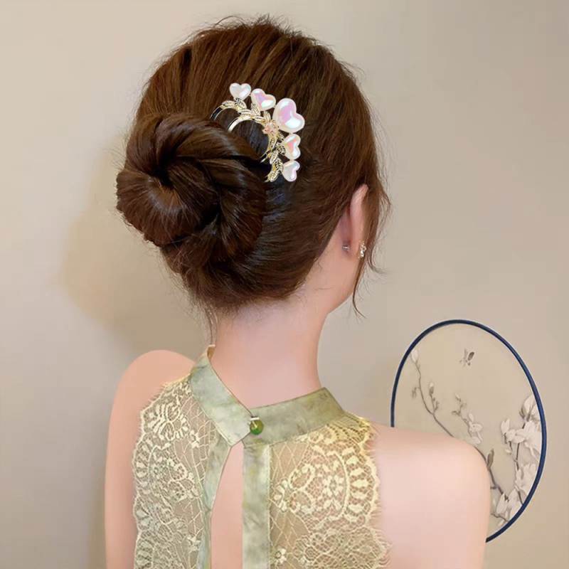 Agrafă de păr cu perle și formă în U, din aliaj, electroplată, cristal alb