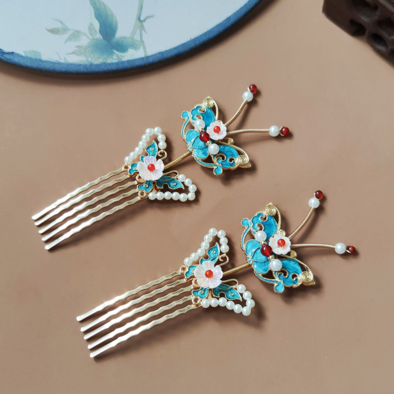 Hanfu dodatak za kosu s Cloisonné leptir, antikni stil, ručna izrada