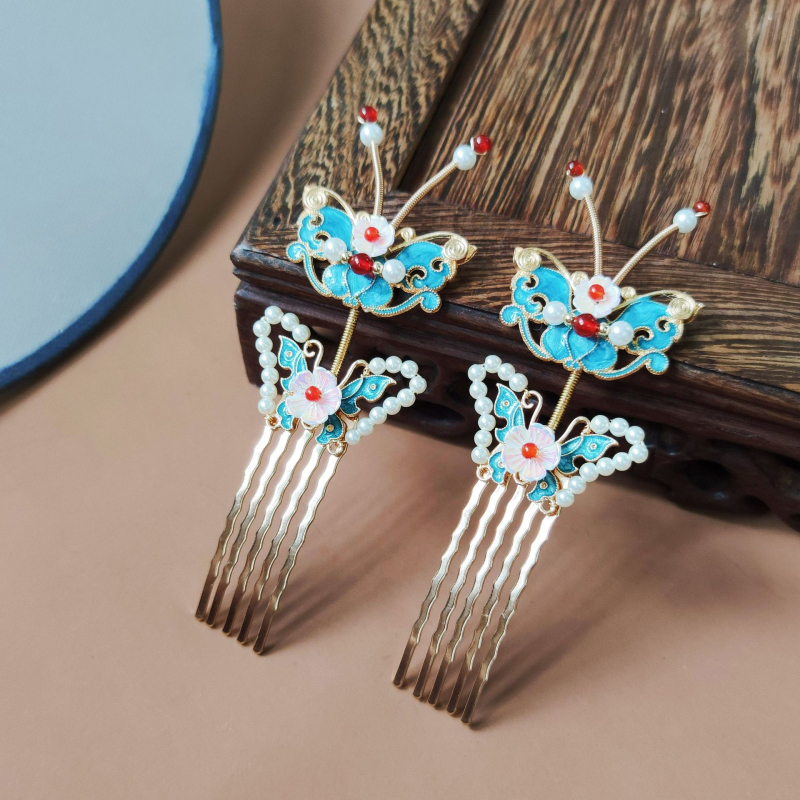 Hanfu dodatak za kosu s Cloisonné leptir, antikni stil, ručna izrada