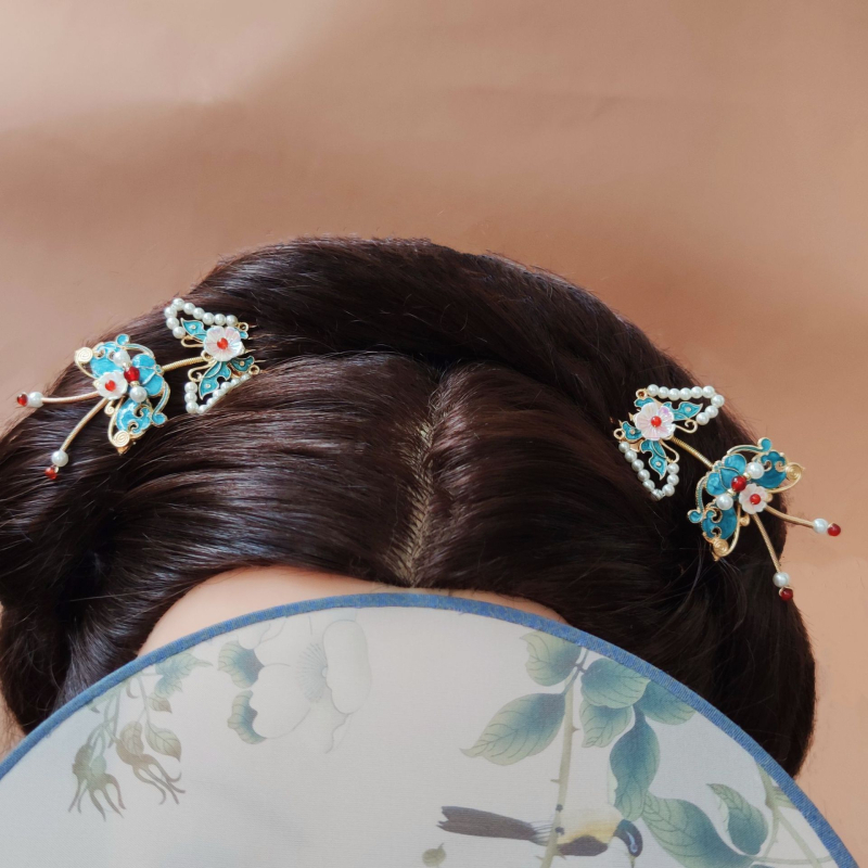Hanfu dodatak za kosu s Cloisonné leptir, antikni stil, ručna izrada