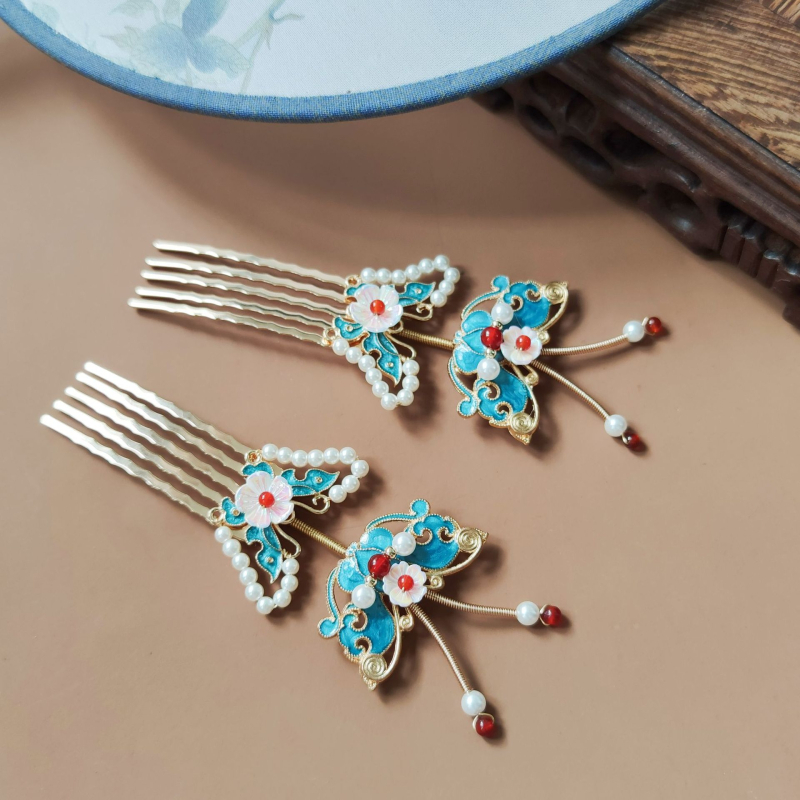 Hanfu dodatak za kosu s Cloisonné leptir, antikni stil, ručna izrada