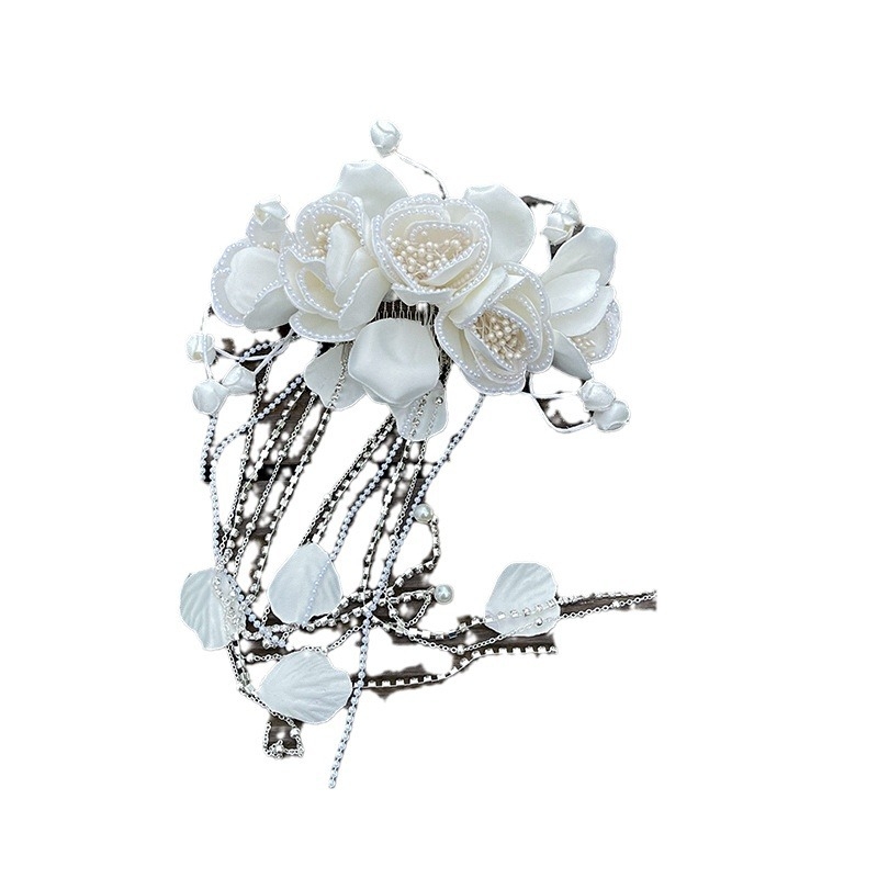 Esküvői hajdísz, vintage stílusú, virágos motívummal, textilből készült, kézzel szőtt