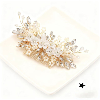 Set de accesorii pentru păr de mireasă – flori, din lut moale lucrat manual, cristale albe, accesorii pentru cap