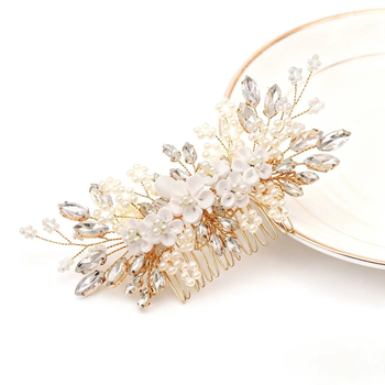 Set de accesorii pentru păr de mireasă – flori, din lut moale lucrat manual, cristale albe, accesorii pentru cap