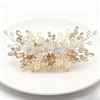 Set de accesorii pentru păr de mireasă – flori, din lut moale lucrat manual, cristale albe, accesorii pentru cap