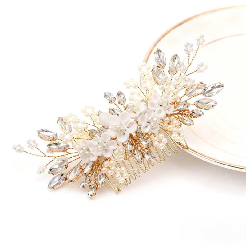 Set de accesorii pentru păr de mireasă – flori, din lut moale lucrat manual, cristale albe, accesorii pentru cap