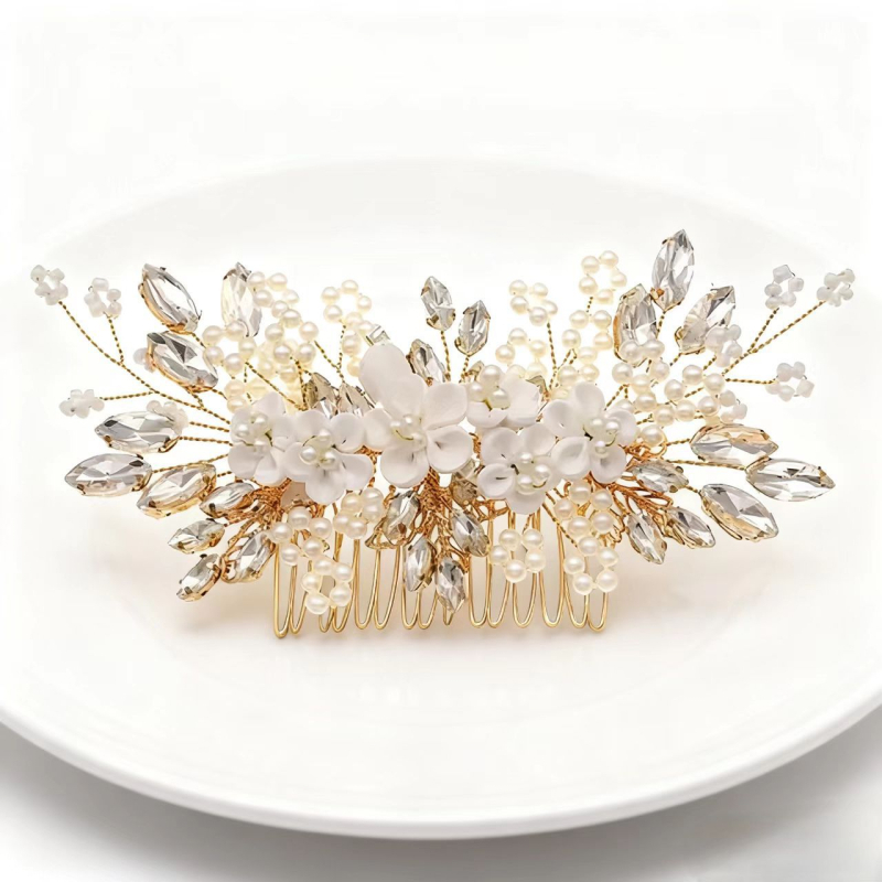 Set de accesorii pentru păr de mireasă – flori, din lut moale lucrat manual, cristale albe, accesorii pentru cap