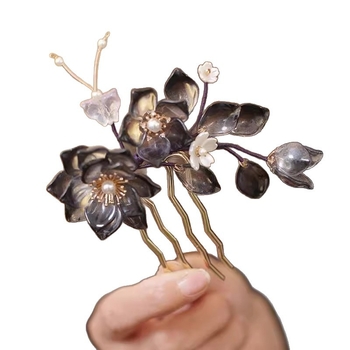 Üveg virágos hajcsat – vintage stílus, kézzel készült, négy fogú