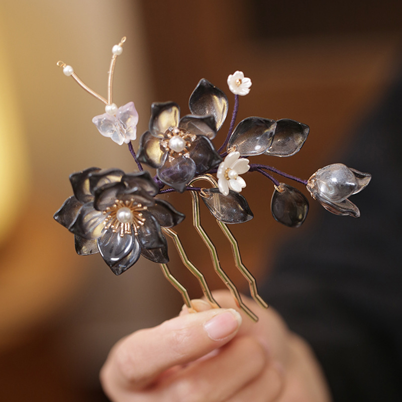 Üveg virágos hajcsat – vintage stílus, kézzel készült, négy fogú