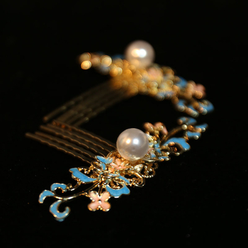 Fém hajdísz emalizált csepp glazúrral, gyöngyfüzérrel és bojtokkal, etnikus stílus, kód Hf165a