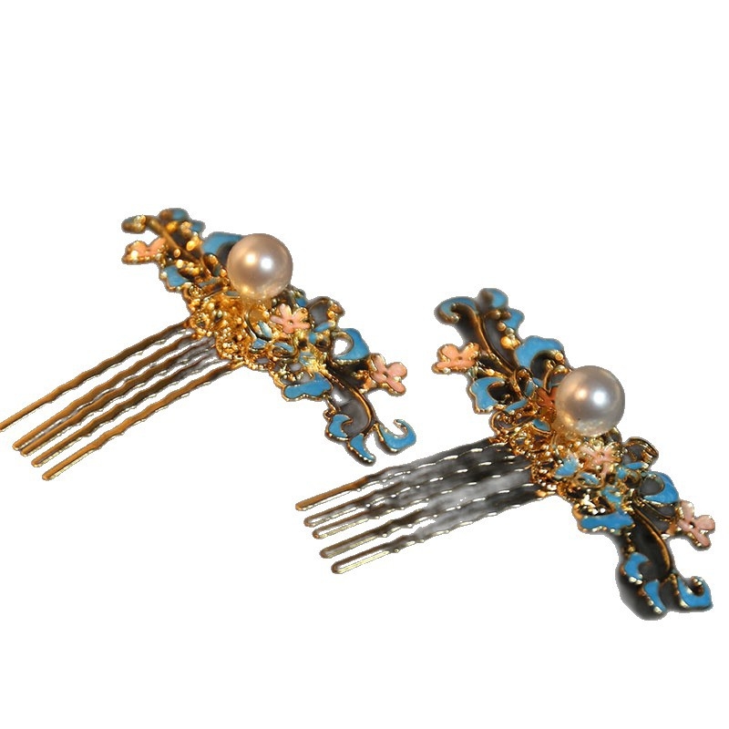 Fém hajdísz emalizált csepp glazúrral, gyöngyfüzérrel és bojtokkal, etnikus stílus, kód Hf165a