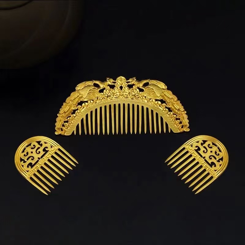 Rézből készült, aranyozott antik hajfésű Tang stílusban, geometriai mintával, etnikus uniszex fejfedő kiegészítő, 2024 tavasz