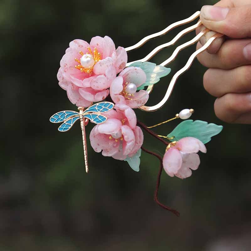 Ősi Hanfu stílusú hajtű glazúrozott virág díszítéssel – ötvözet anyag, teljes hajékszer-készlet, termékkód Ldd