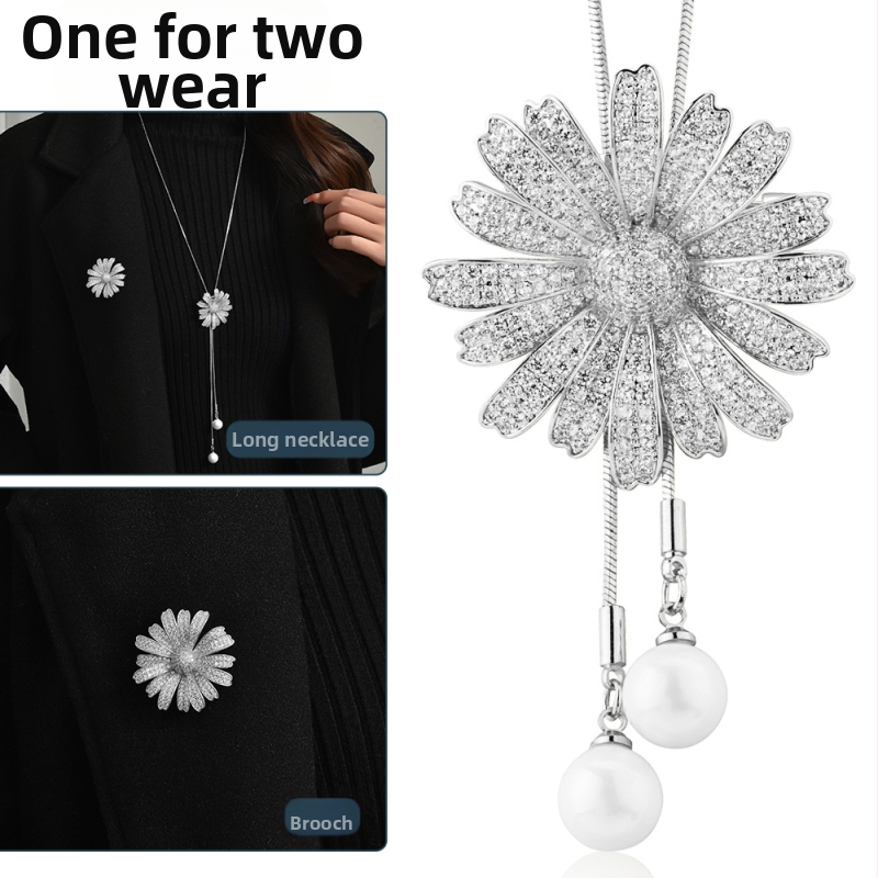 Ilgs džempera kakla ķēde ar ziedu motīva piekariņu, metāla ķēde, pallādija piekariņš, iekšēji iedobāti mākslīgie akmeņi