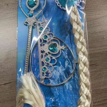 Set za dječju glavu: kruna, čarobni štapić i pletenice — crtani princ, akrilni kristali, elektroplatinirana kruna