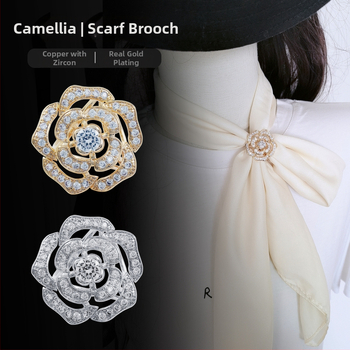 Bakrena kopča za šal s cirkonijom, tri prstena, motiv kamelija, mikro pavé, ženski modni dodatak, prilagodljivo, marka Hemok/Black Mo Kai