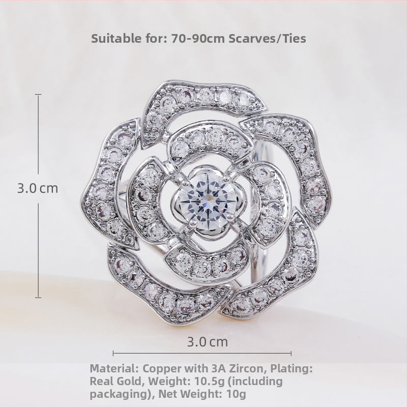 Bakrena kopča za šal s cirkonijom, tri prstena, motiv kamelija, mikro pavé, ženski modni dodatak, prilagodljivo, marka Hemok/Black Mo Kai