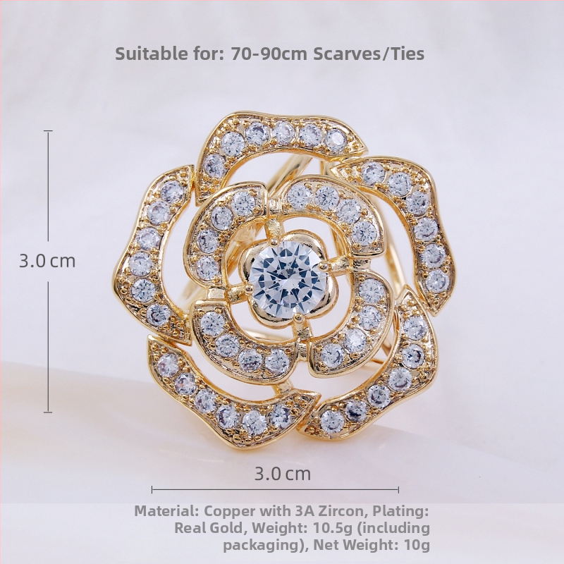 Bakrena kopča za šal s cirkonijom, tri prstena, motiv kamelija, mikro pavé, ženski modni dodatak, prilagodljivo, marka Hemok/Black Mo Kai