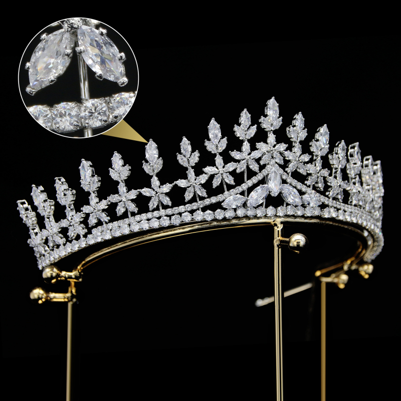 Esküvői korona cirkónium kristállyal – fém, valódi cirkónium kristály, elektroplating