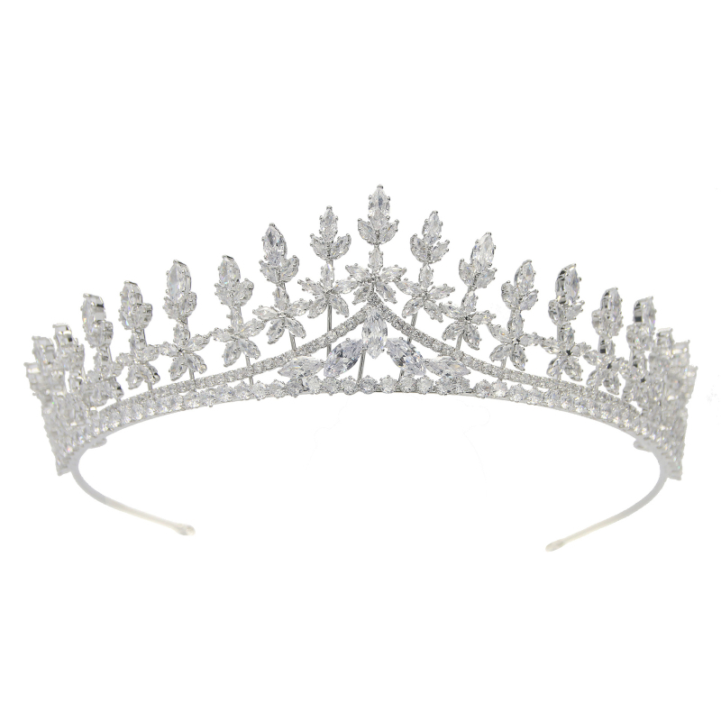 Esküvői korona cirkónium kristállyal – fém, valódi cirkónium kristály, elektroplating