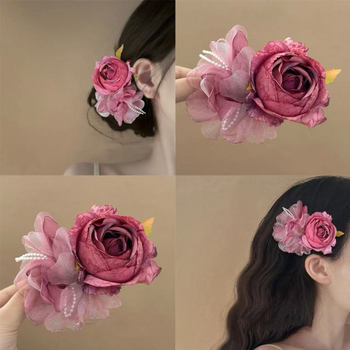 Perlasta cvjetna kopča za kosu, bočni klips, ručna izrada, osvježavajući i sladak stil (kod 5942 rose poet hair clip)