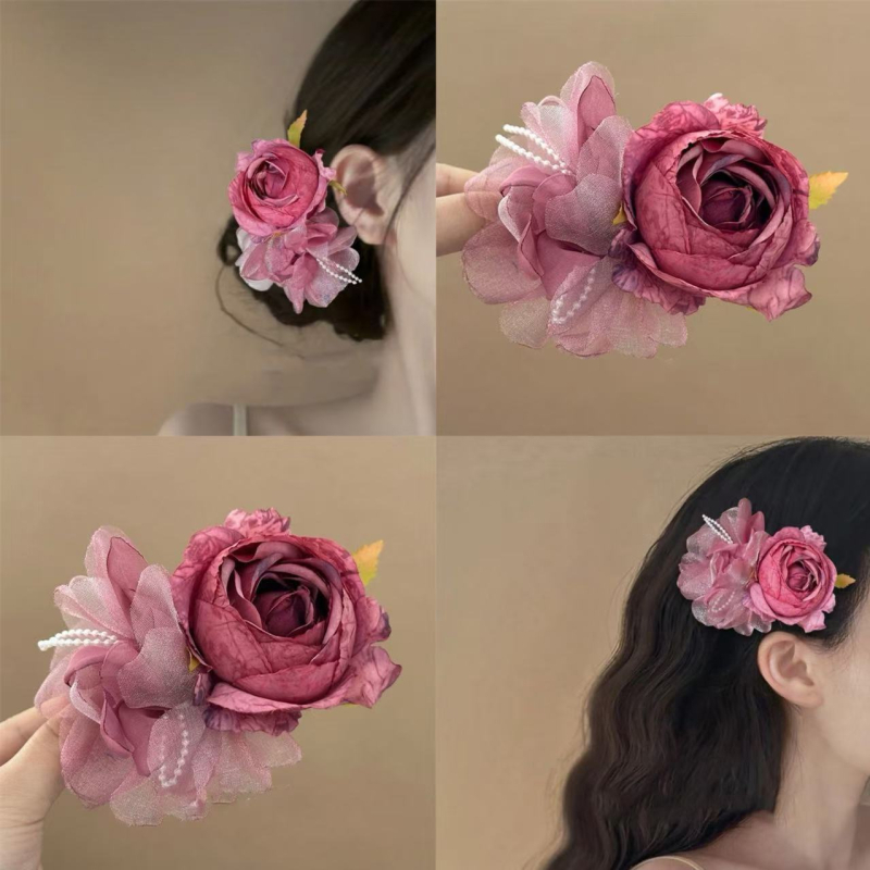 Perlasta cvjetna kopča za kosu, bočni klips, ručna izrada, osvježavajući i sladak stil (kod 5942 rose poet hair clip)
