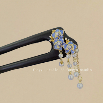 Fából készült virág alakú hajcsat bojtokkal, U-alakú, új kínai stílus