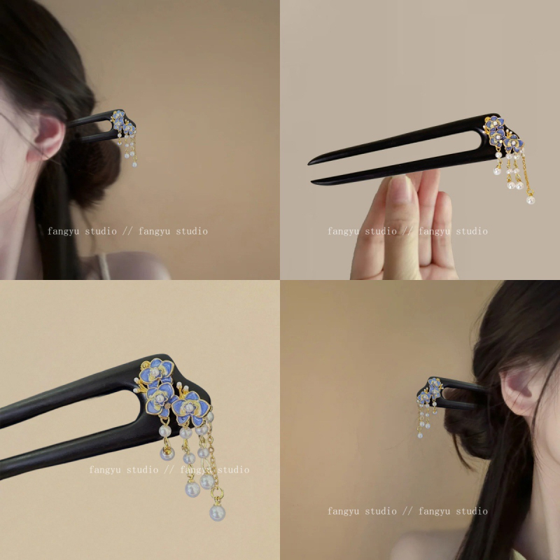 Fából készült virág alakú hajcsat bojtokkal, U-alakú, új kínai stílus