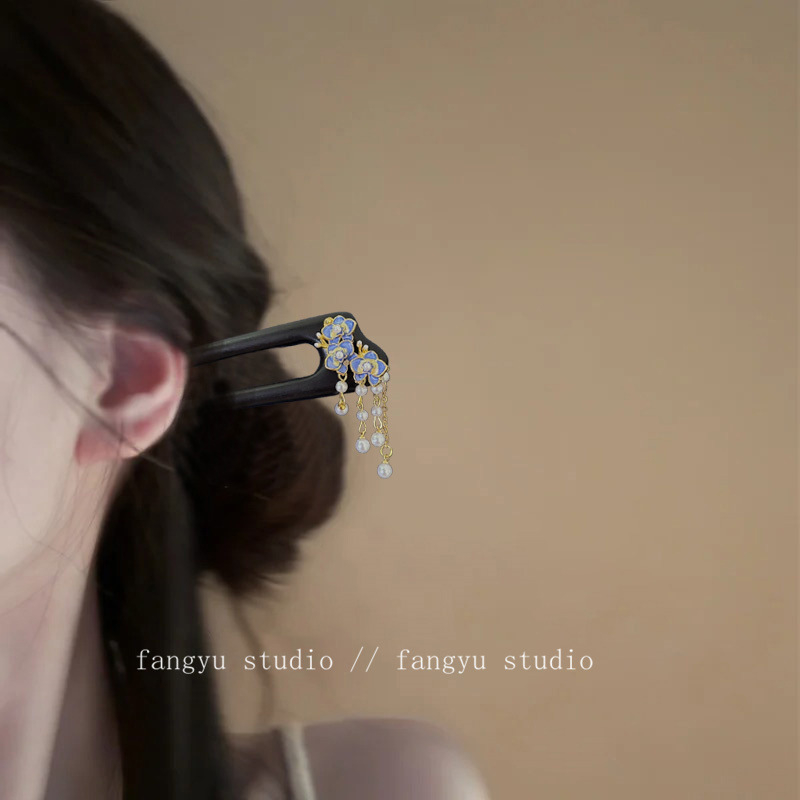 Fából készült virág alakú hajcsat bojtokkal, U-alakú, új kínai stílus