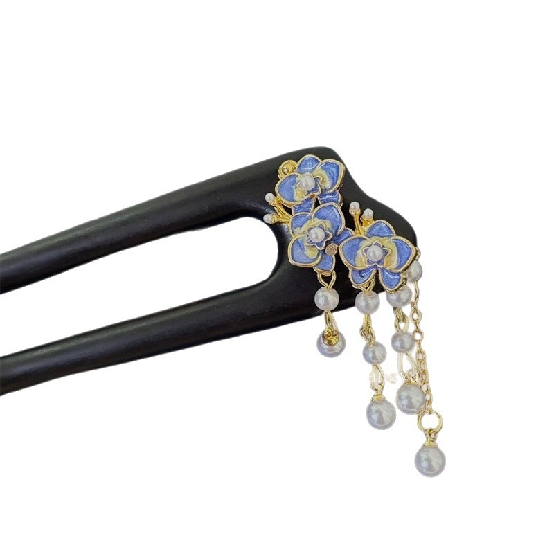 Fából készült virág alakú hajcsat bojtokkal, U-alakú, új kínai stílus